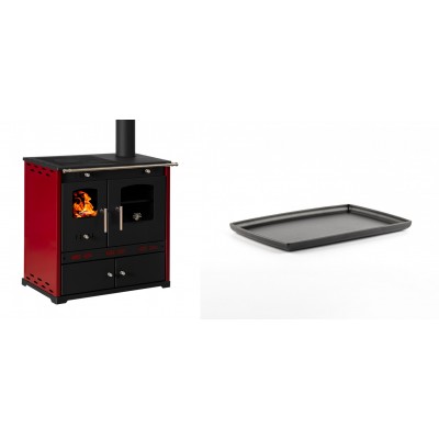 Set Küchenofen / Küchenhexe Prometey Perfect Eco Lux mit rechtem Kamin, burgunderrot, 7.1kW + Rechteckige Servierplatte aus Gusseisen Solagio, 21x31cm - Prometey