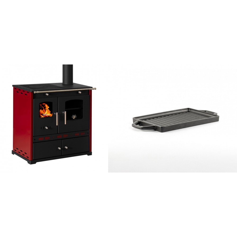 Set Küchenofen / Küchenhexe Prometey Perfect Eco Lux mit rechtem Kamin, burgunderrot, 7.1kW + Mini-Grillplatte aus Gusseisen Solagio, 15.5x22.5cm | Kaminofen - Holzofen mit Backfach | Kaminofen |