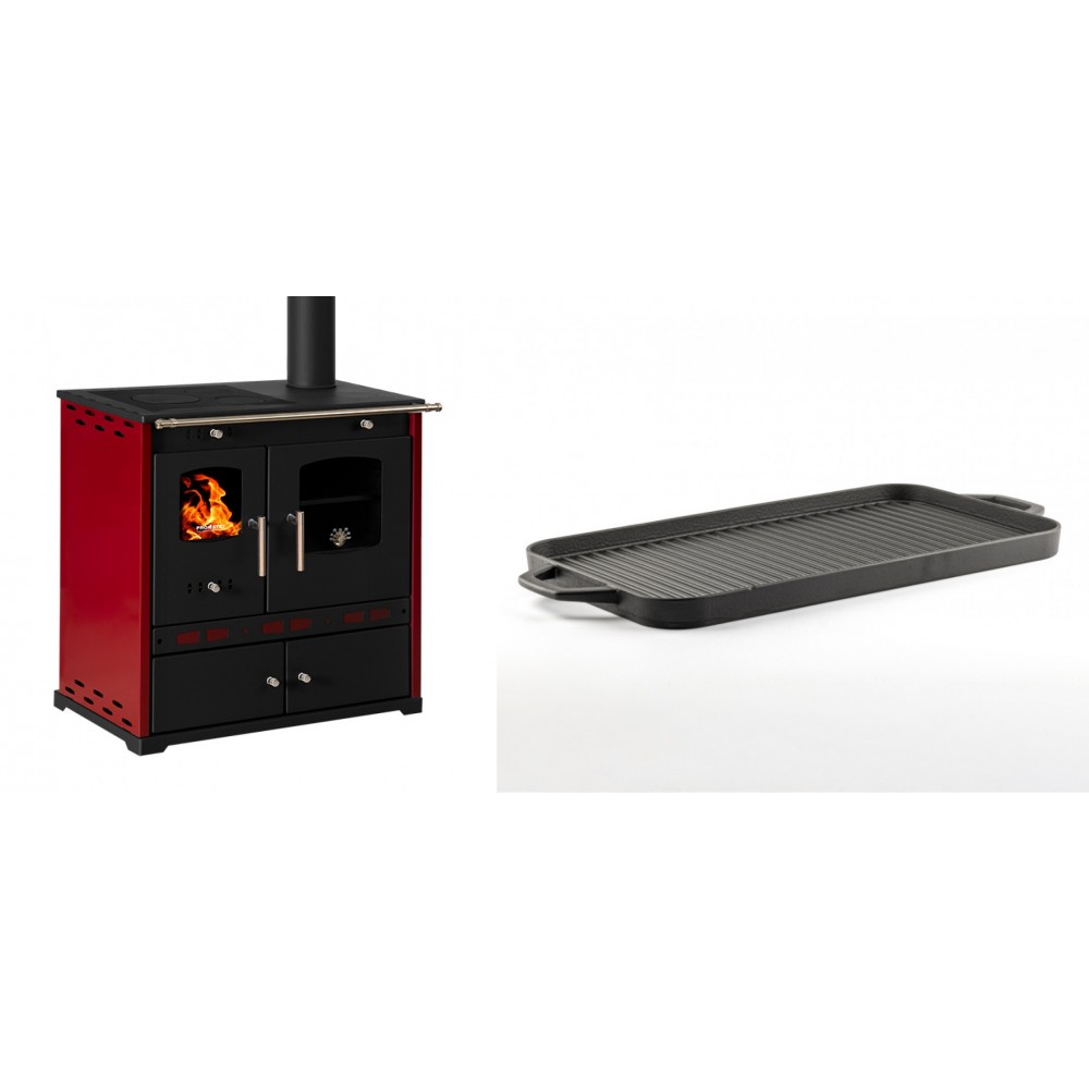 Set Küchenofen / Küchenhexe Prometey Perfect Eco Lux mit rechtem Kamin, burgunderrot, 7.1kW + Große Grillplatte aus Gusseisen Solagio, 25x44cm