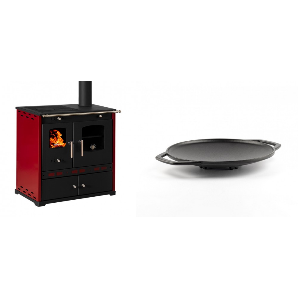 Set Küchenofen / Küchenhexe Prometey Perfect Eco Lux mit rechtem Kamin, burgunderrot, 7.1kW + Backplatte aus Gusseisen Solagio, Ф28cm | Kaminofen - Holzofen mit Backfach | Kaminofen |