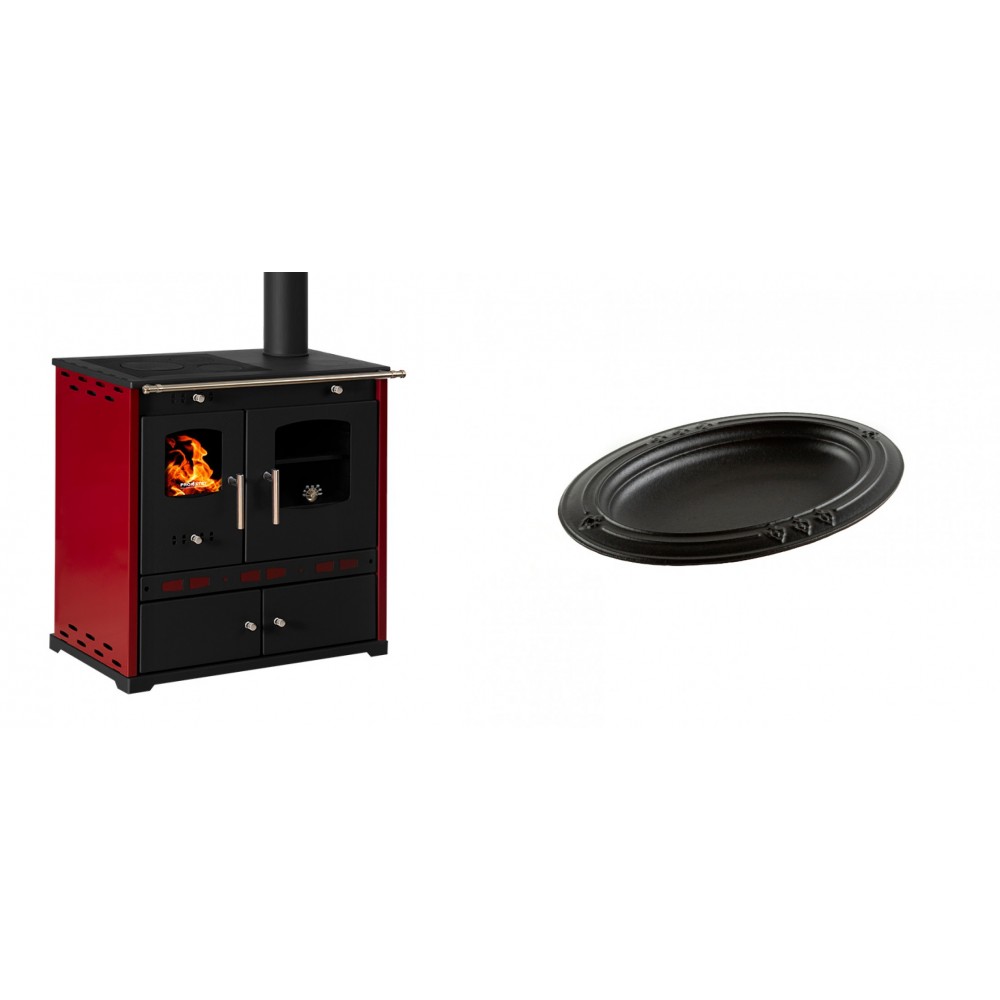 Set Küchenofen / Küchenhexe Prometey Perfect Eco Lux mit rechtem Kamin, burgunderrot, 7.1kW + Gusseiserne auflaufform Solagio oval, 25x33cm | Kaminofen - Holzofen mit Backfach | Kaminofen |