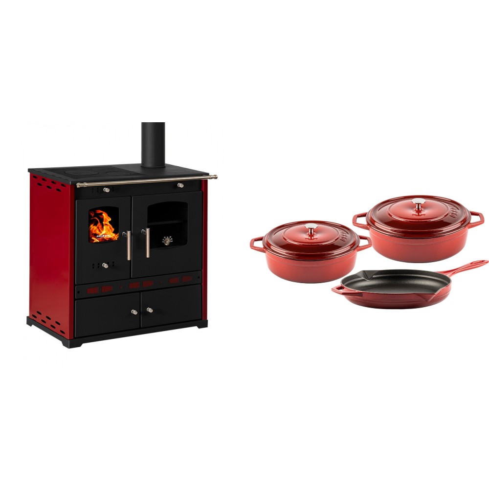 Set Küchenofen / Küchenhexe Prometey Perfect Eco Lux mit rechtem Kamin, burgunderrot, 7.1kW + Gusseisen Topf Set aus 3 teilen Solagio, Rubin | Kaminofen - Holzofen mit Backfach | Kaminofen |