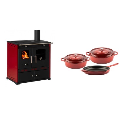 Set Küchenofen / Küchenhexe Prometey Perfect Eco Lux mit rechtem Kamin, burgunderrot, 7.1kW + Gusseisen Topf Set aus 3 teilen Solagio, Rubin - Prometey
