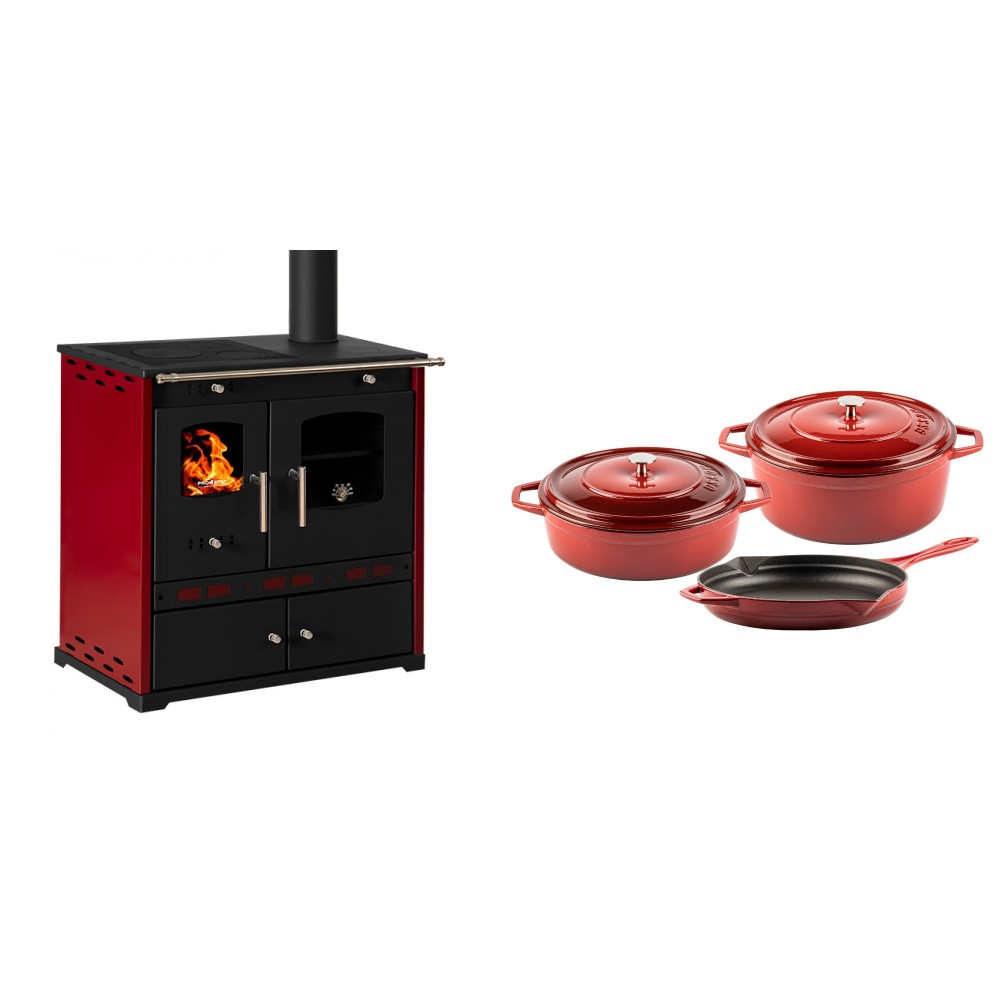 Set Küchenofen / Küchenhexe Prometey Perfect Eco Lux mit rechtem Kamin, burgunderrot, 7.1kW + Gusseisen Topf Set aus 3 teilen Solagio, Rubin | Kaminofen - Holzofen mit Backfach | Kaminofen |