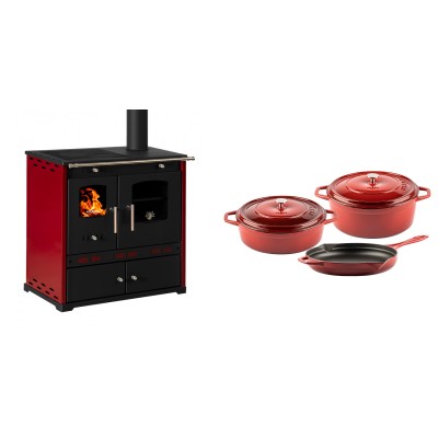 Set Küchenofen / Küchenhexe Prometey Perfect Eco Lux mit rechtem Kamin, burgunderrot, 7.1kW + Gusseisen Topf Set aus 3 teilen Solagio, Rubin - Prometey