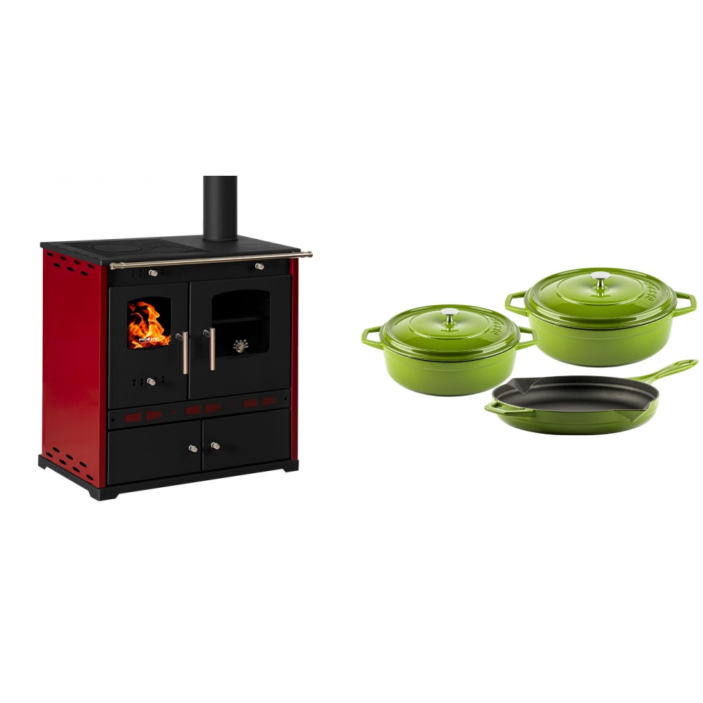Set Küchenofen / Küchenhexe Prometey Perfect Eco Lux mit rechtem Kamin, burgunderrot, 7.1kW + Gusseisen Topf Set aus 3 teilen Solagio, Bamboo | Kaminofen - Holzofen mit Backfach | Kaminofen |
