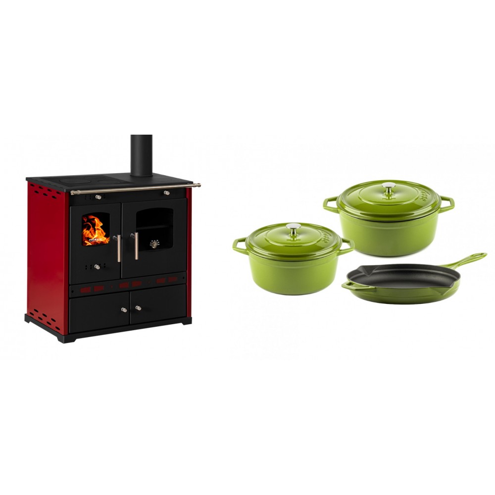 Set Küchenofen / Küchenhexe Prometey Perfect Eco Lux mit rechtem Kamin, burgunderrot, 7.1kW + Gusseisen Topf Set aus 3 teilen Solagio, Bamboo | Kaminofen - Holzofen mit Backfach | Kaminofen |