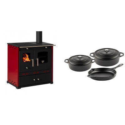 Set Küchenofen / Küchenhexe Prometey Perfect Eco Lux mit rechtem Kamin, burgunderrot, 7.1kW + Gusseisen Topf Set aus 3 teilen Solagio, Black Onyx - Prometey
