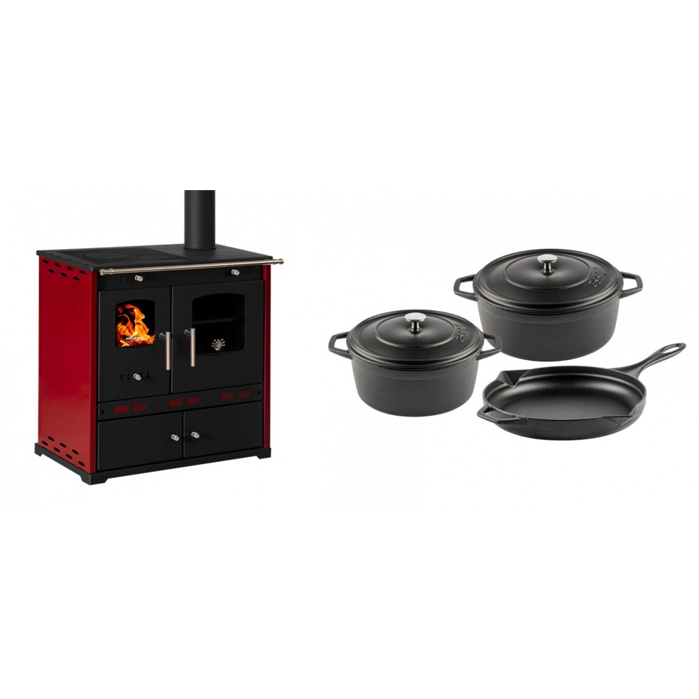 Set Küchenofen / Küchenhexe Prometey Perfect Eco Lux mit rechtem Kamin, burgunderrot, 7.1kW + Gusseisen Topf Set aus 3 teilen Solagio, Black Onyx
