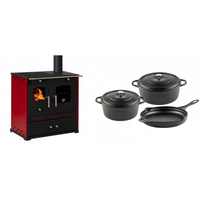 Set Küchenofen / Küchenhexe Prometey Perfect Eco Lux mit rechtem Kamin, burgunderrot, 7.1kW + Gusseisen Topf Set aus 3 teilen Solagio, Black Onyx - Prometey