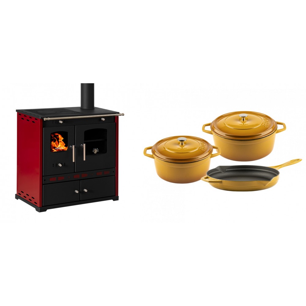 Set Küchenofen / Küchenhexe Prometey Perfect Eco Lux mit rechtem Kamin, burgunderrot, 7.1kW + Gusseisen Topf Set aus 3 teilen Solagio, Dijon | Kaminofen - Holzofen mit Backfach | Kaminofen |