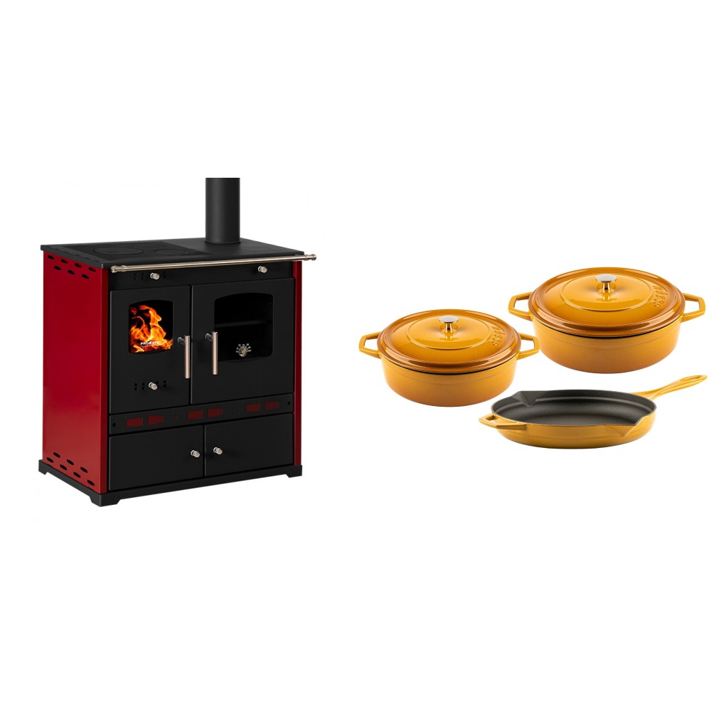 Set Küchenofen / Küchenhexe Prometey Perfect Eco Lux mit rechtem Kamin, burgunderrot, 7.1kW + Gusseisen Topf Set aus 3 teilen Solagio, Dijon | Kaminofen - Holzofen mit Backfach | Kaminofen |
