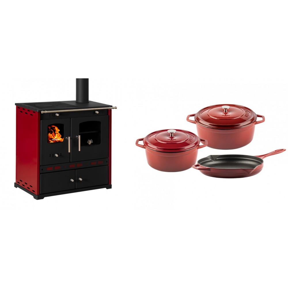 Set Küchenofen / Küchenhexe Prometey Perfect Eco Lux mit rechtem Kamin, burgunderrot, 7.1kW + Gusseisen Topf Set aus 3 teilen Solagio, Rubin | Kaminofen - Holzofen mit Backfach | Kaminofen |