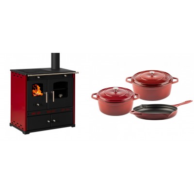 Set Küchenofen / Küchenhexe Prometey Perfect Eco Lux mit rechtem Kamin, burgunderrot, 7.1kW + Gusseisen Topf Set aus 3 teilen Solagio, Rubin - Prometey