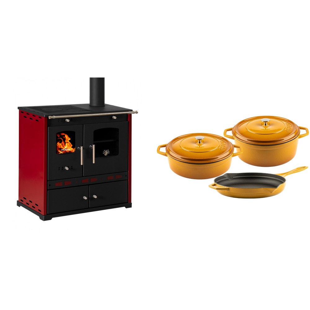 Set Küchenofen / Küchenhexe Prometey Perfect Eco Lux mit rechtem Kamin, burgunderrot, 7.1kW + Gusseisen Topf Set aus 3 teilen Solagio, Dijon