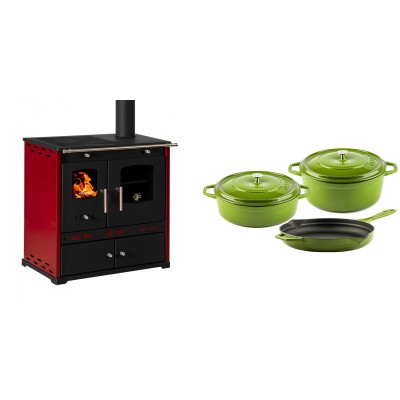 Set Küchenofen / Küchenhexe Prometey Perfect Eco Lux mit rechtem Kamin, burgunderrot, 7.1kW + Gusseisen Topf Set aus 3 teilen Solagio, Bamboo - Prometey
