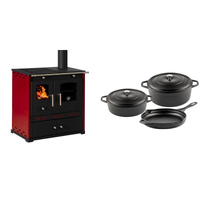Set Küchenofen / Küchenhexe Prometey Perfect Eco Lux mit rechtem Kamin, burgunderrot, 7.1kW + Gusseisen Topf Set aus 3 teilen Solagio, Black Onyx - Prometey