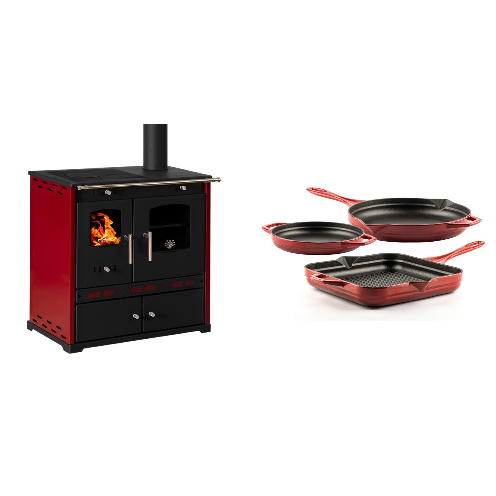 Set Küchenofen / Küchenhexe Prometey Perfect Eco Lux mit rechtem Kamin, burgunderrot, 7.1kW + Gusseisen Topf Set aus 3 teilen Solagio, Rubin | Kaminofen - Holzofen mit Backfach | Kaminofen |