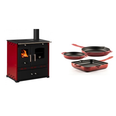 Set Küchenofen / Küchenhexe Prometey Perfect Eco Lux mit rechtem Kamin, burgunderrot, 7.1kW + Gusseisen Topf Set aus 3 teilen Solagio, Rubin - Prometey