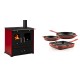Set Küchenofen / Küchenhexe Prometey Perfect Eco Lux mit rechtem Kamin, burgunderrot, 7.1kW + Gusseisen Topf Set aus 3 teilen Solagio, Rubin | Kaminofen - Holzofen mit Backfach | Kaminofen |