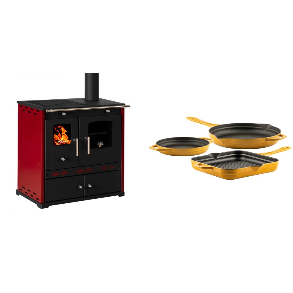 Set Küchenofen / Küchenhexe Prometey Perfect Eco Lux mit rechtem Kamin, burgunderrot, 7.1kW + Gusseisen Topf Set aus 3 teilen Solagio, Dijon