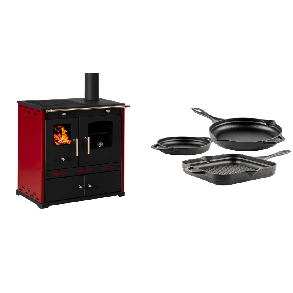 Set Küchenofen / Küchenhexe Prometey Perfect Eco Lux mit rechtem Kamin, burgunderrot, 7.1kW + Gusseisen Topf Set aus 3 teilen Solagio, Black Onyx | Kaminofen - Holzofen mit Backfach | Kaminofen |