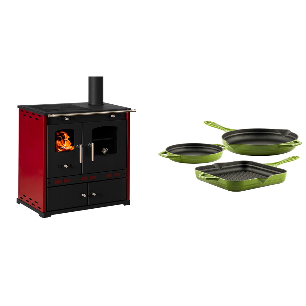 Set Küchenofen / Küchenhexe Prometey Perfect Eco Lux mit rechtem Kamin, burgunderrot, 7.1kW + Gusseisen Topf Set aus 3 teilen Solagio, Bamboo | Kaminofen - Holzofen mit Backfach | Kaminofen |