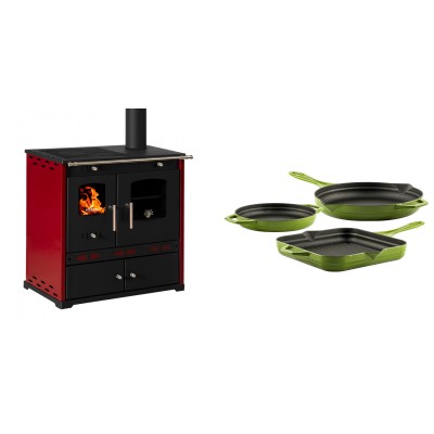 Set Küchenofen / Küchenhexe Prometey Perfect Eco Lux mit rechtem Kamin, burgunderrot, 7.1kW + Gusseisen Topf Set aus 3 teilen Solagio, Bamboo - Prometey