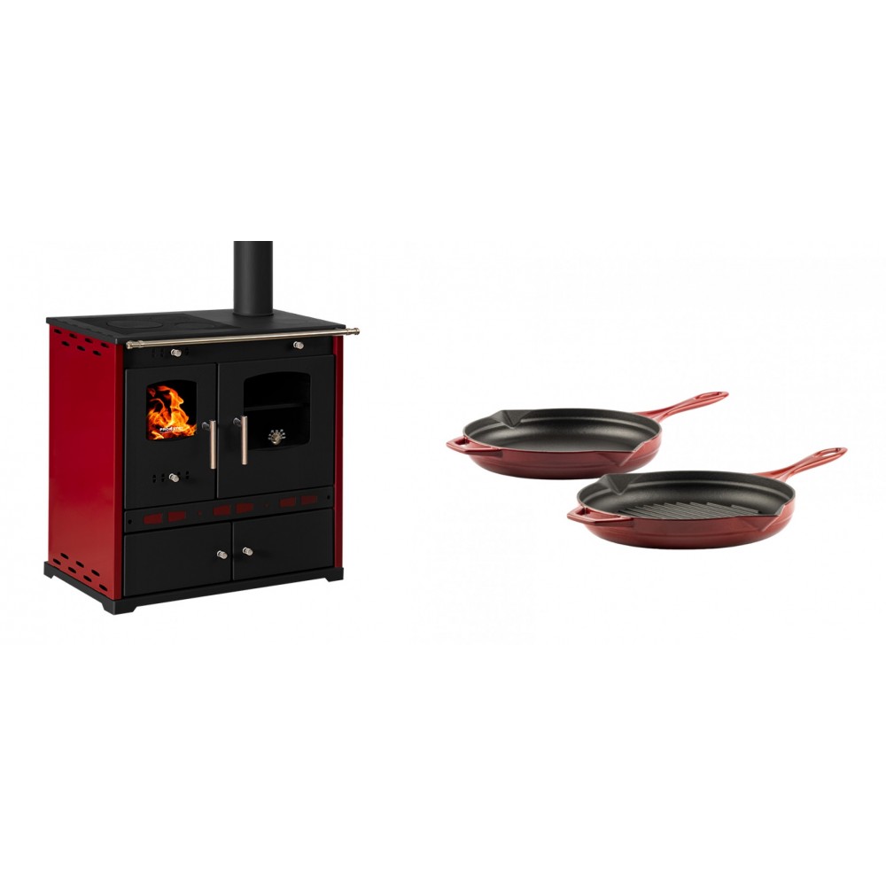 Set Küchenofen / Küchenhexe Prometey Perfect Eco Lux mit rechtem Kamin, burgunderrot, 7.1kW + Gusseisen Topf Set aus 2 teilen Solagio, Rubin