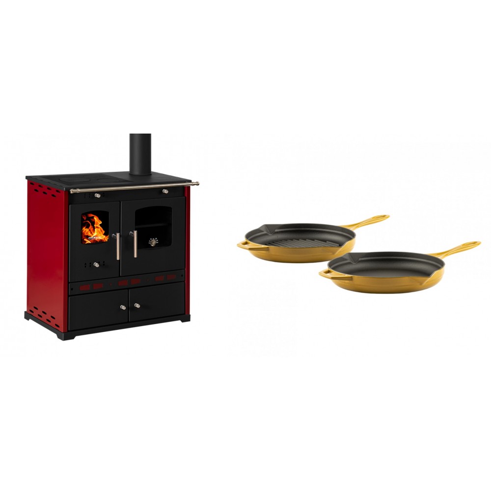 Set Küchenofen / Küchenhexe Prometey Perfect Eco Lux mit rechtem Kamin, burgunderrot, 7.1kW + Gusseisen Topf Set aus 2 teilen Solagio, Dijon