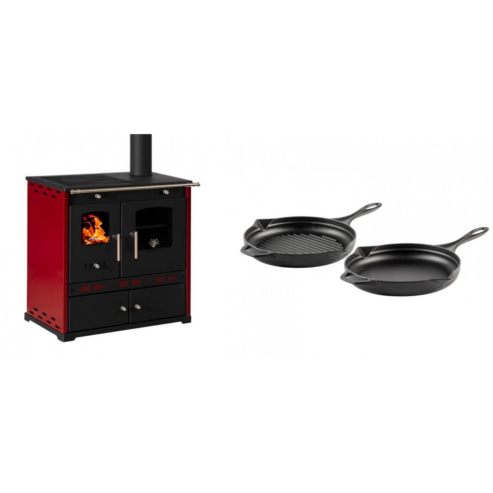 Set Küchenofen / Küchenhexe Prometey Perfect Eco Lux mit rechtem Kamin, burgunderrot, 7.1kW + Gusseisen Topf Set aus 2 teilen Solagio, Black Onyx
