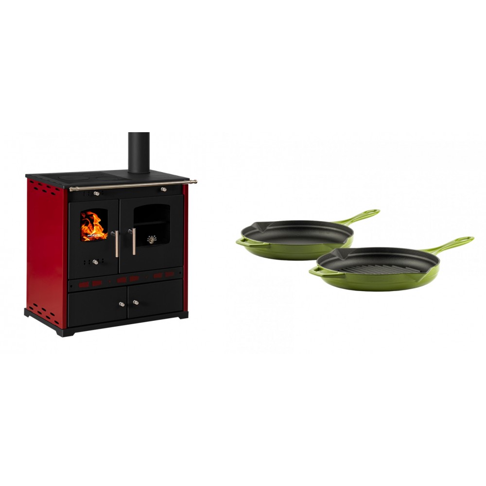 Set Küchenofen / Küchenhexe Prometey Perfect Eco Lux mit rechtem Kamin, burgunderrot, 7.1kW + Gusseisen Topf Set aus 2 teilen Solagio, Bamboo | Kaminofen - Holzofen mit Backfach | Kaminofen |