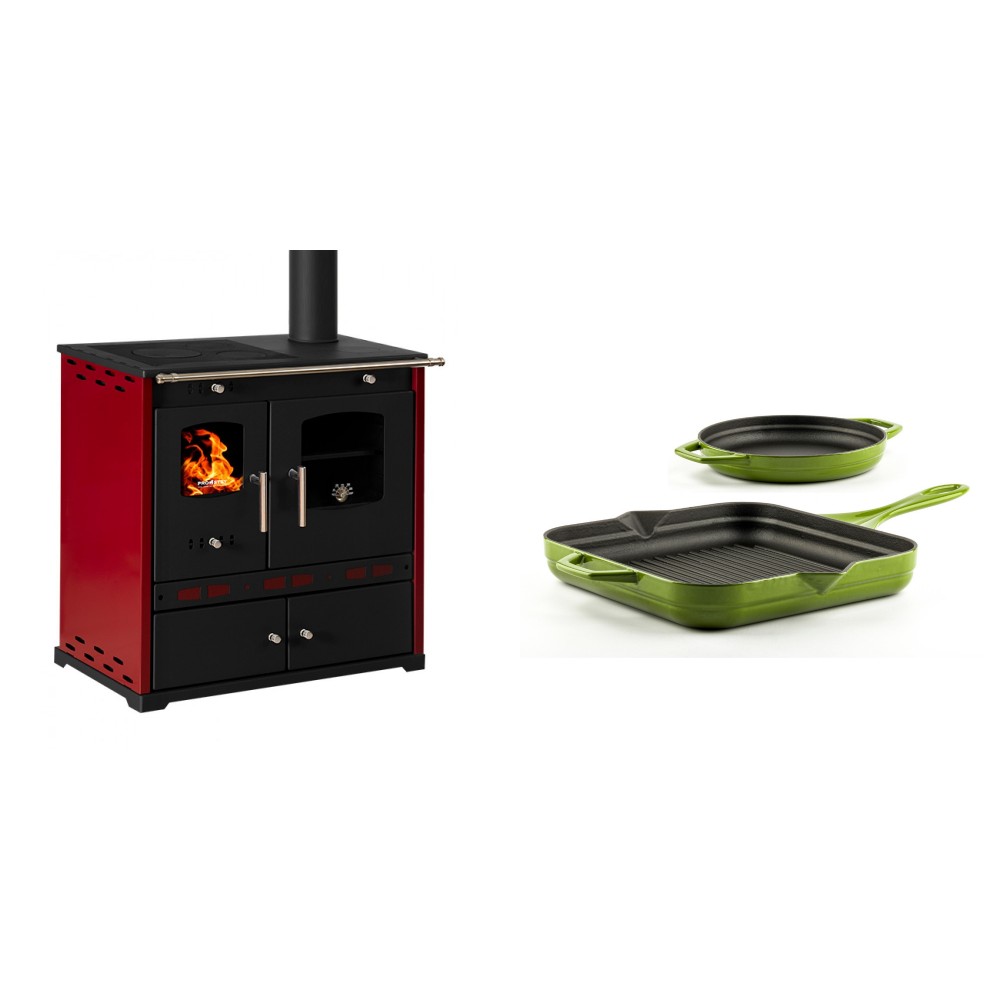 Set Küchenofen / Küchenhexe Prometey Perfect Eco Lux mit rechtem Kamin, burgunderrot, 7.1kW + Gusseisen Topf Set aus 2 teilen Solagio, Bamboo | Kaminofen - Holzofen mit Backfach | Kaminofen |