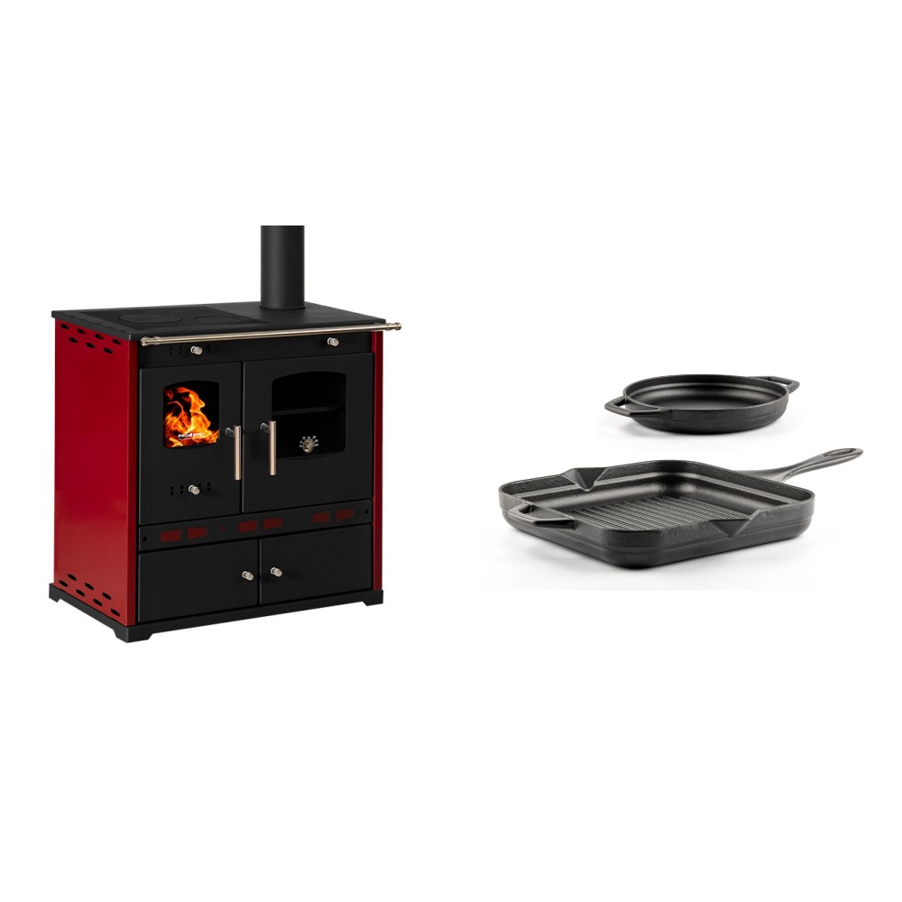 Set Küchenofen / Küchenhexe Prometey Perfect Eco Lux mit rechtem Kamin, burgunderrot, 7.1kW + Gusseisen Topf Set aus 2 teilen Solagio, Black Onyx | Kaminofen - Holzofen mit Backfach | Kaminofen |
