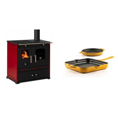 Set Küchenofen / Küchenhexe Prometey Perfect Eco Lux mit rechtem Kamin, burgunderrot, 7.1kW + Gusseisen Topf Set aus 2 teilen Solagio, Dijon - Prometey