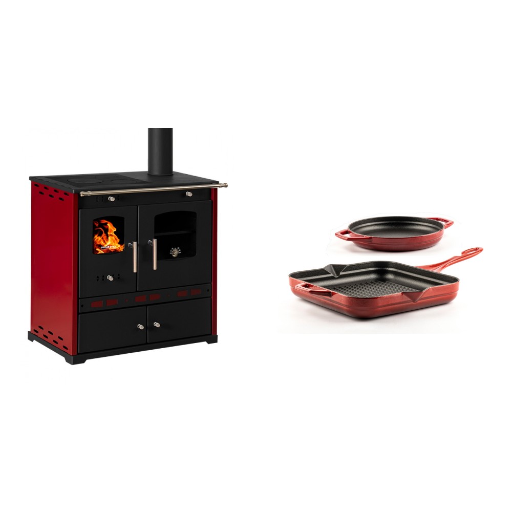 Set Küchenofen / Küchenhexe Prometey Perfect Eco Lux mit rechtem Kamin, burgunderrot, 7.1kW + Gusseisen Topf Set aus 2 teilen Solagio, Rubin | Kaminofen - Holzofen mit Backfach | Kaminofen |