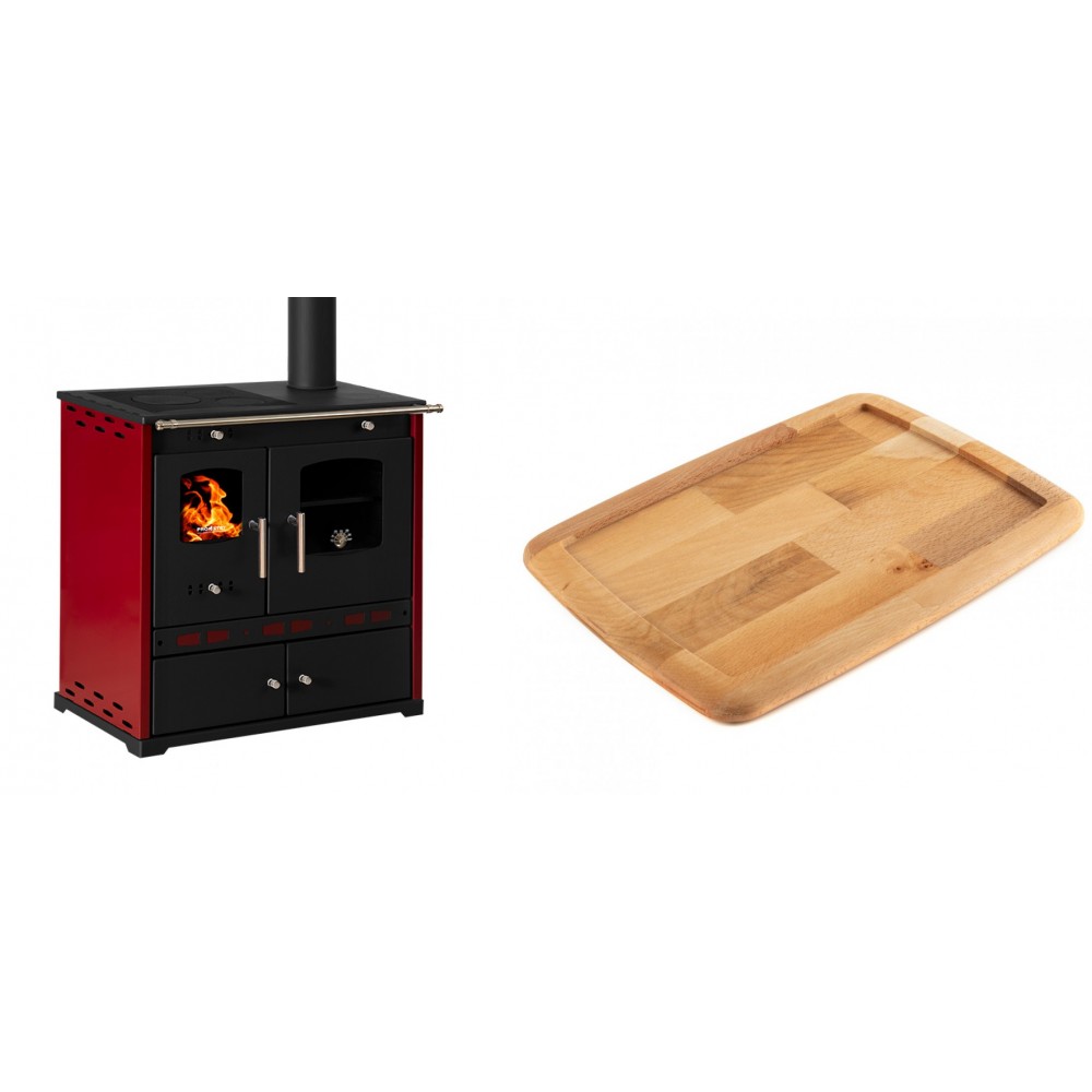 Set Küchenofen / Küchenhexe Prometey Perfect Eco Lux mit rechtem Kamin, burgunderrot, 7.1kW + Holz untersetzer für gusseisenplatte Solagio HSST2131