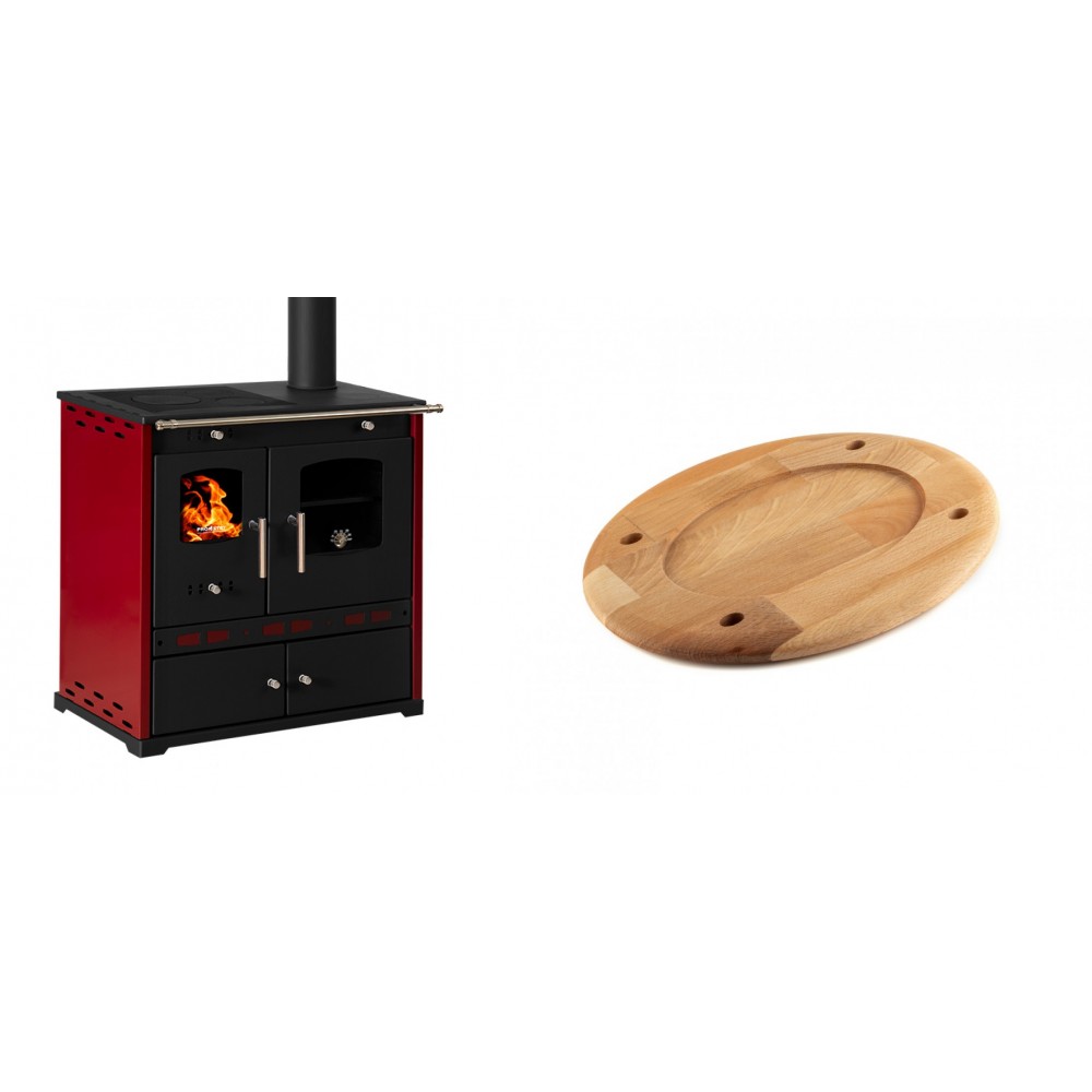 Set Küchenofen / Küchenhexe Prometey Perfect Eco Lux mit rechtem Kamin, burgunderrot, 7.1kW + Holz untersetzer für ovale platte Solagio HSOISK2533, 25x33cm | Kaminofen - Holzofen mit Backfach | Kaminofen |
