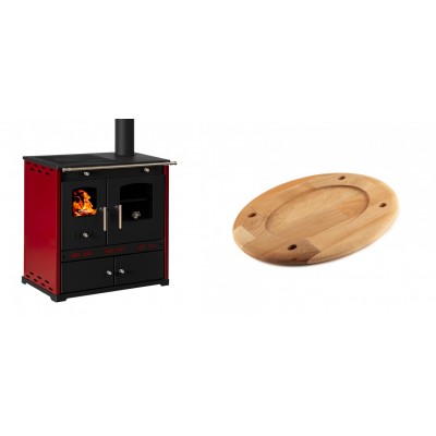 Set Küchenofen / Küchenhexe Prometey Perfect Eco Lux mit rechtem Kamin, burgunderrot, 7.1kW + Holz untersetzer für ovale platte Solagio HSOISK2533, 25x33cm - Prometey
