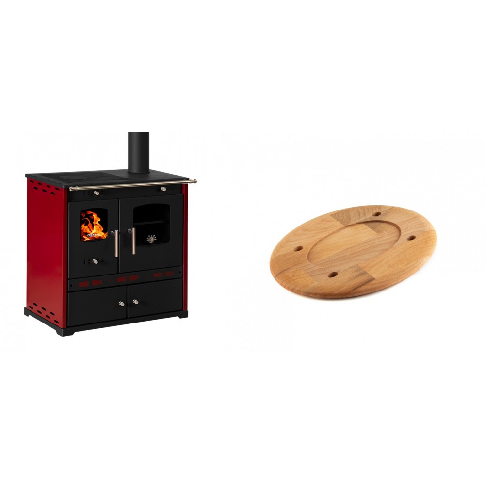 Set Küchenofen / Küchenhexe Prometey Perfect Eco Lux mit rechtem Kamin, burgunderrot, 7.1kW + Holz untersetzer für ovale platte Solagio HSOISK1728, 17x28cm | Kaminofen - Holzofen mit Backfach | Kaminofen |