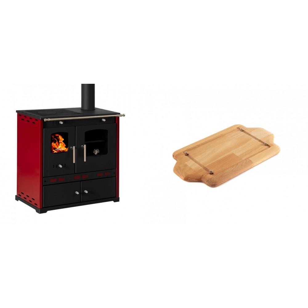 Set Küchenofen / Küchenhexe Prometey Perfect Eco Lux mit rechtem Kamin, burgunderrot, 7.1kW + Holz untersetzer für mini-gusseisenplatte Solagio HSDDHP1522