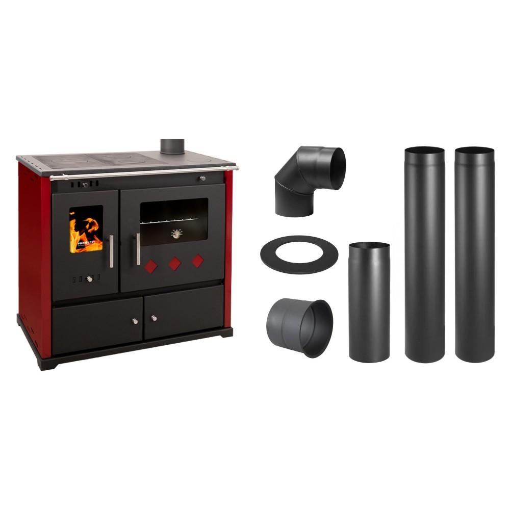 Set Küchenofen / Küchenhexe Prometey Practik Lux mit rechtem Kamin, burgunderrot, 9.5kW + Schornstein Bausatz PARKANEX, Stahl Ø130, Dicke 2mm | Kaminofen - Holzofen mit Backfach | Kaminofen |