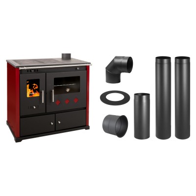 Set Küchenofen / Küchenhexe Prometey Practik Lux mit rechtem Kamin, burgunderrot, 9.5kW + Schornstein Bausatz PARKANEX, Stahl Ø130, Dicke 2mm - Kaminofen - Holzofen mit Backfach