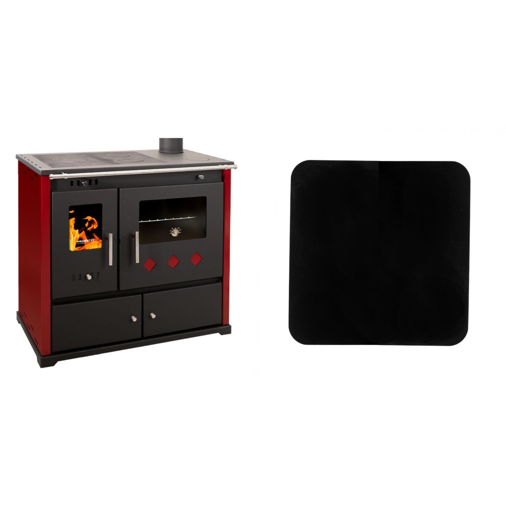 Set Küchenofen / Küchenhexe Prometey Practik Lux mit rechtem Kamin, burgunderrot, 9.5kW + Funkenschutzplatte Stahl 2mm, Größe 98x98cm