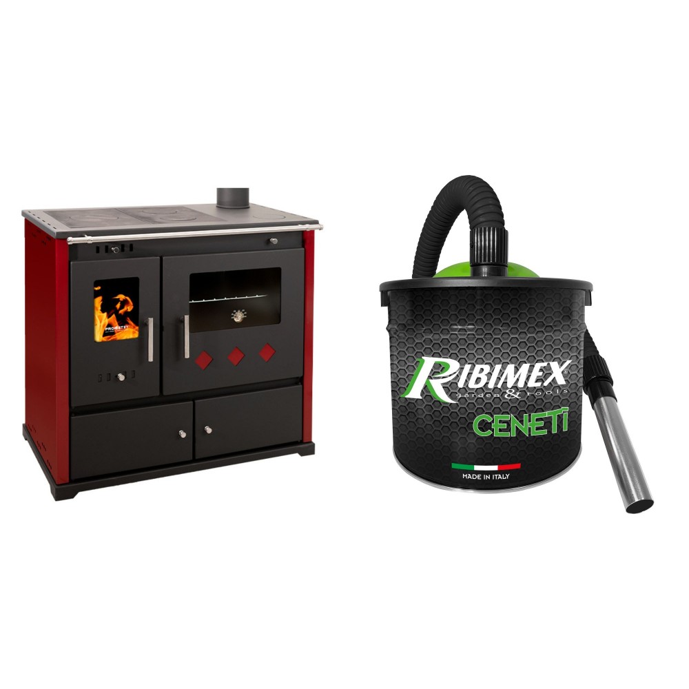 Set Küchenofen / Küchenhexe Prometey Practik Lux mit rechtem Kamin, burgunderrot, 9.5kW + Elektrischer Aschesauger Ribimex, Modell Cenetì, Fassungsvermögen 15 L | Kaminofen - Holzofen mit Backfach | Kaminofen |
