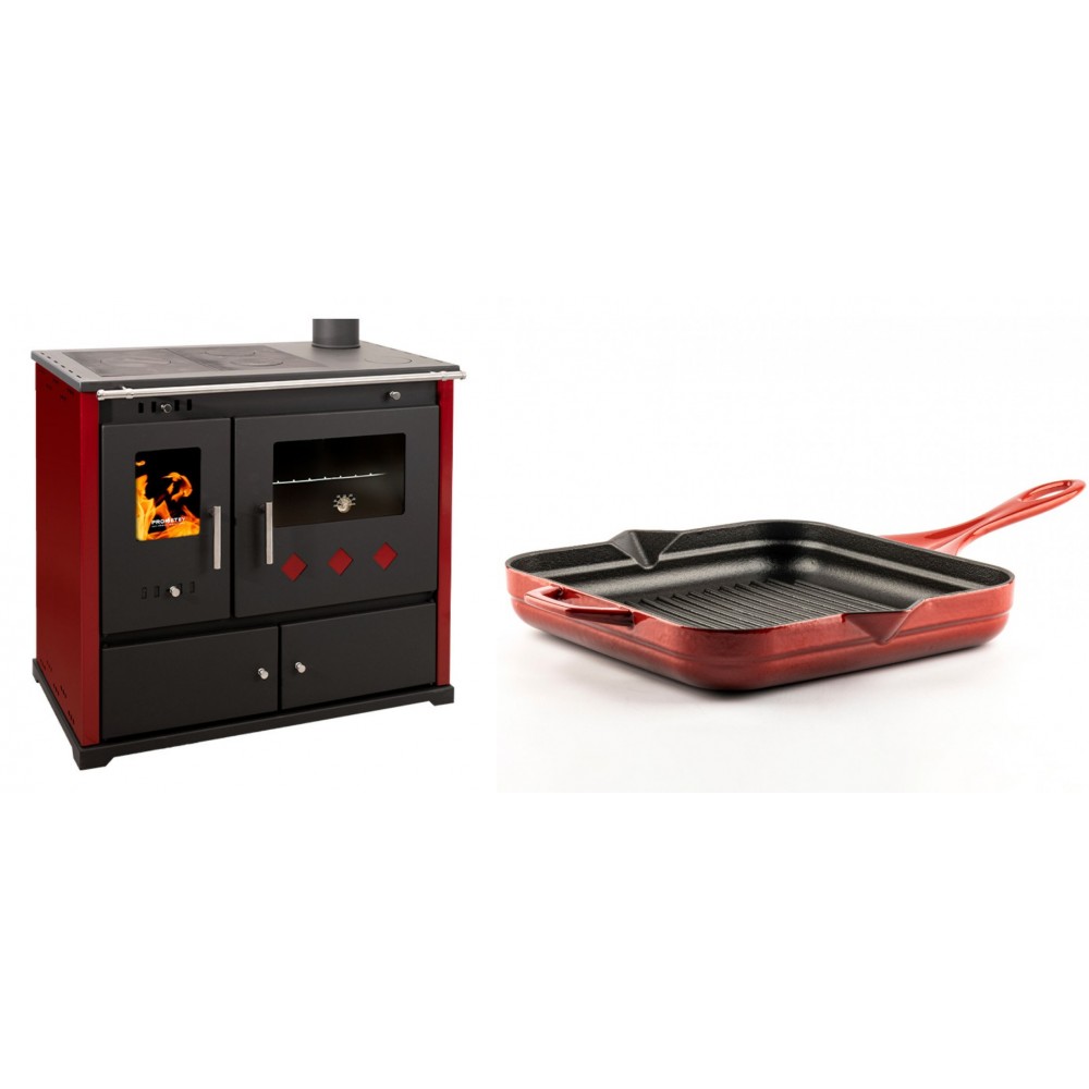 Set Küchenofen / Küchenhexe Prometey Practik Lux mit rechtem Kamin, burgunderrot, 9.5kW + Emaillierte grillpfanne Gusseisen Solagio, Rubin, 28x28cm