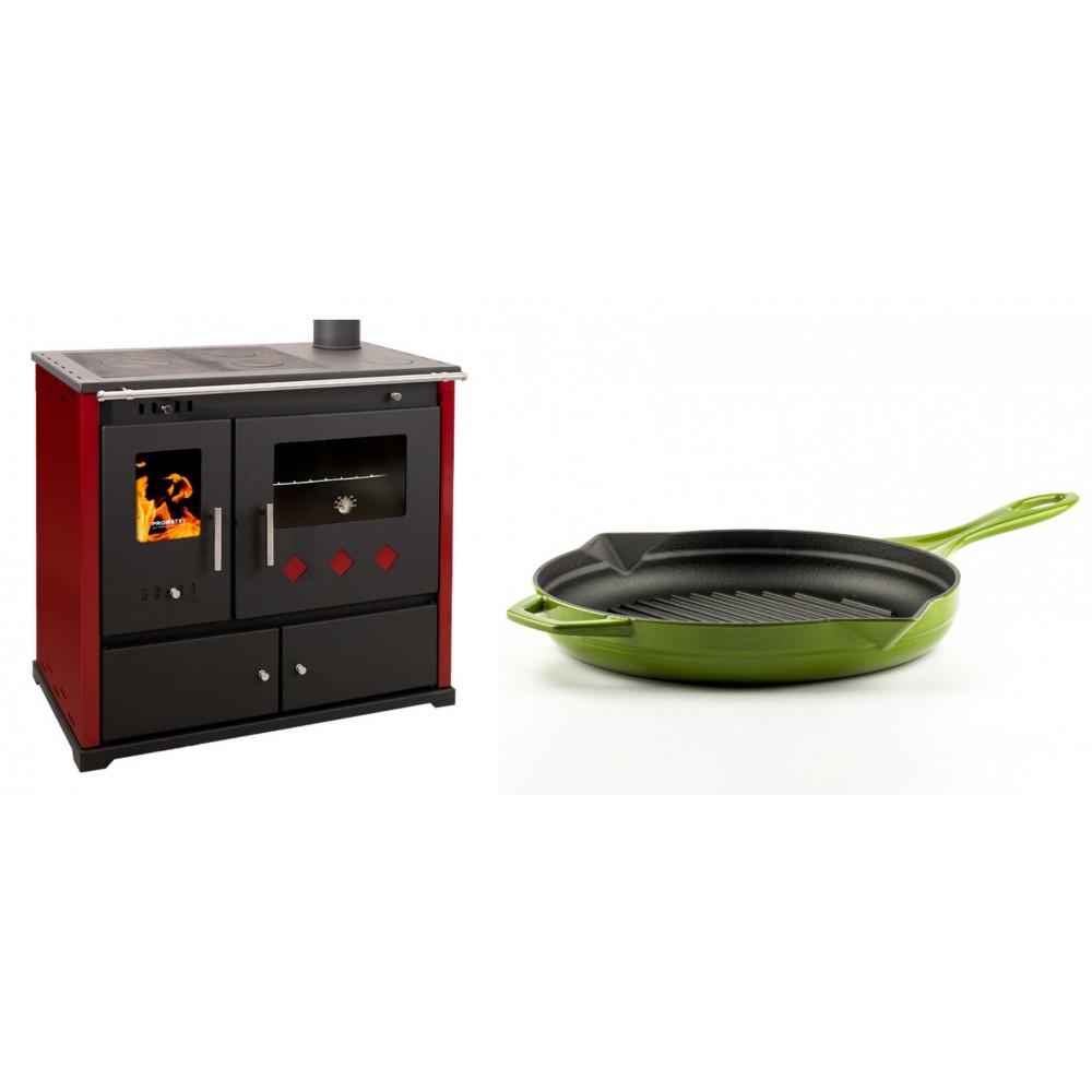 Set Küchenofen / Küchenhexe Prometey Practik Lux mit rechtem Kamin, burgunderrot, 9.5kW + Emaillierte grillpfanne Gusseisen Solagio, Bamboo, Ф28cm | Kaminofen - Holzofen mit Backfach | Kaminofen |