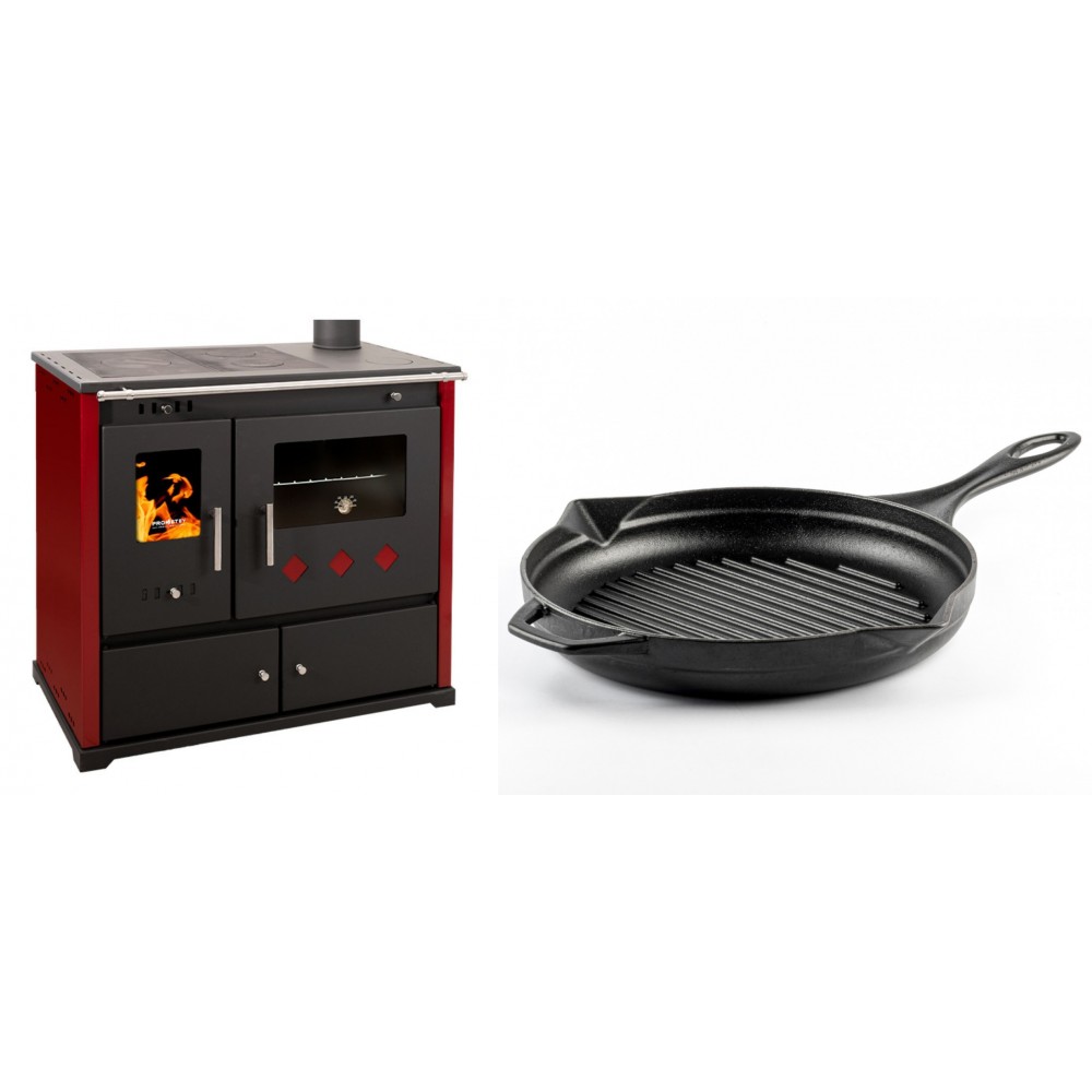 Set Küchenofen / Küchenhexe Prometey Practik Lux mit rechtem Kamin, burgunderrot, 9.5kW + Emaillierte grillpfanne Gusseisen Solagio, Black Onyx, Ф28cm | Kaminofen - Holzofen mit Backfach | Kaminofen |