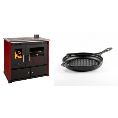 Set Küchenofen / Küchenhexe Prometey Practik Lux mit rechtem Kamin, burgunderrot, 9.5kW + Emaillierte grillpfanne Gusseisen Solagio, Black Onyx, Ф24cm - Kaminofen - Holzofen mit Backfach