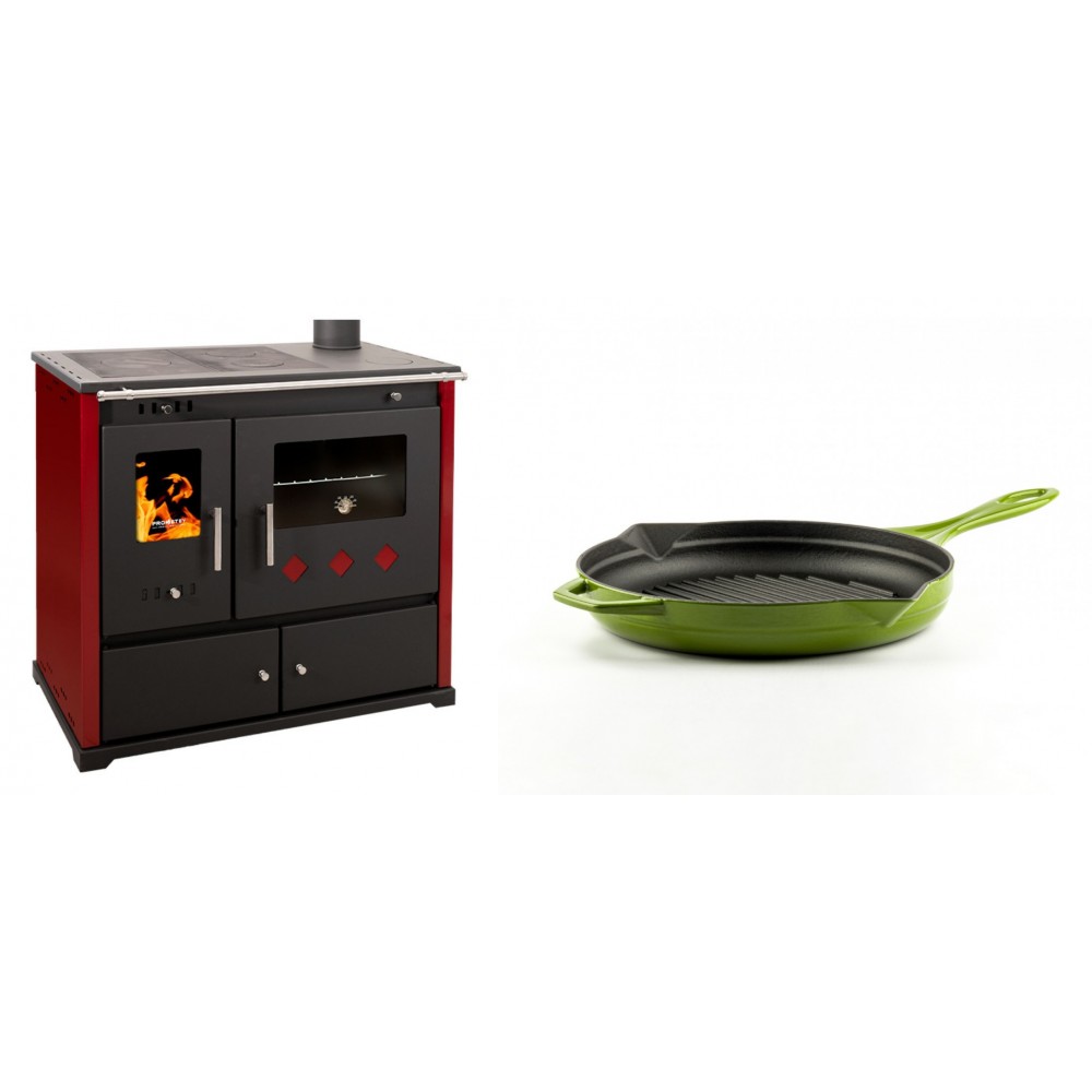 Set Küchenofen / Küchenhexe Prometey Practik Lux mit rechtem Kamin, burgunderrot, 9.5kW + Emaillierte grillpfanne Gusseisen Solagio, Bamboo, Ф24cm | Kaminofen - Holzofen mit Backfach | Kaminofen |